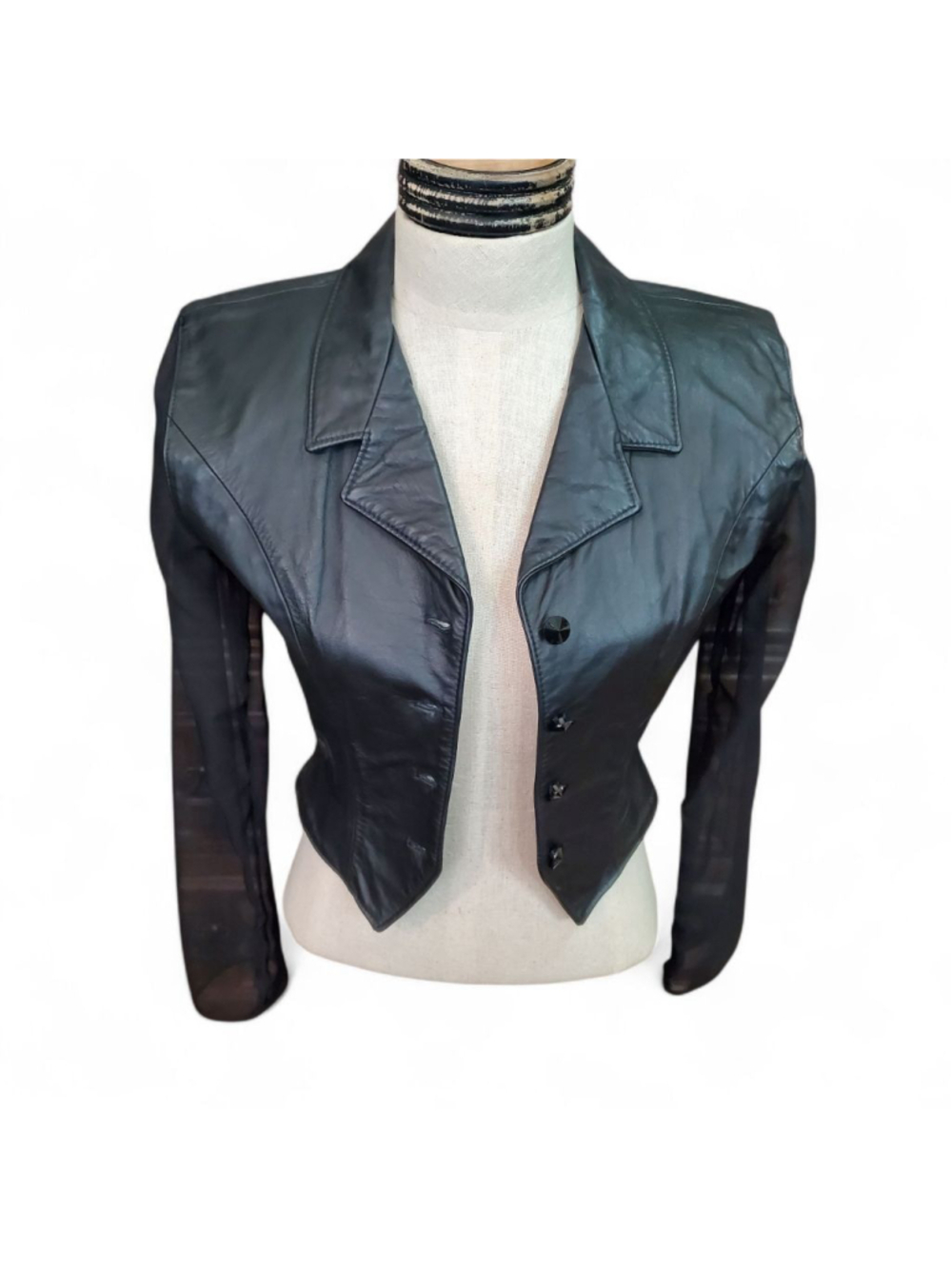 Vintage 90s Firenze Real Black Leather Crop Jacket Sheer Sleeve